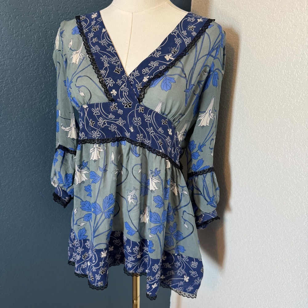 Cottagecore Boho Fairycore Fei Silk Floral Lace Trim Blouse Blue Green 10